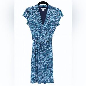 Liz Claiborne Blue Teal Patterned V-Neck Wrap Belt Dress Size Medium